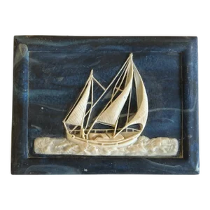 1970s Vintage Hand Carved Navy and Ivory Nautical Ocean Sail Boat, Ship Scene