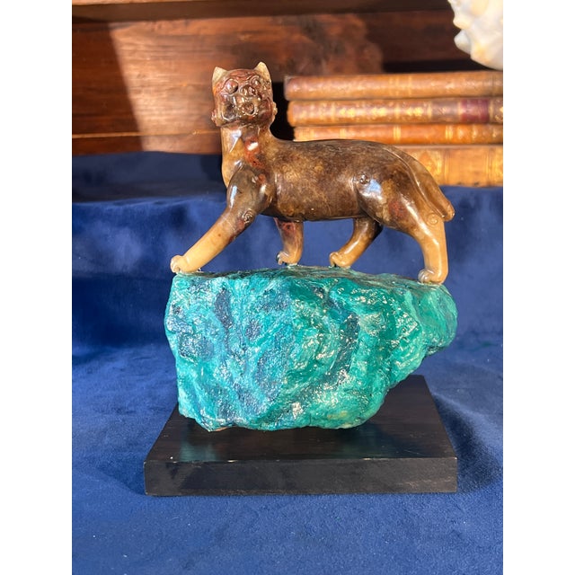 Chinoiserie Pair of Early 20th Century Chinese Carved Marble Lions on the Faux Malachite Stone Bases For Sale - Image 3 of 14