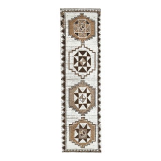 1970s Vintage Turkish Hand-Knotted Wool Cotton White Runner Rug For Sale