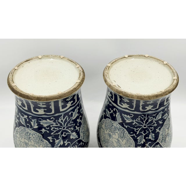 Mid 20th Century Pair of Chinese Style Blue and White Porcelain Temple Ginger Jars For Sale - Image 18 of 18