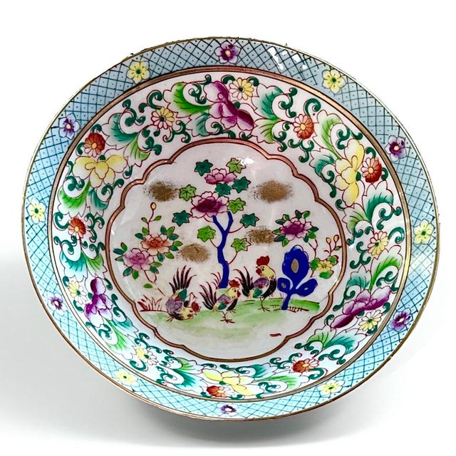 Ardalt porcelain bowl made in Czechoslovakia, featuring a vibrant interior with three roosters beneath a flowering tree....