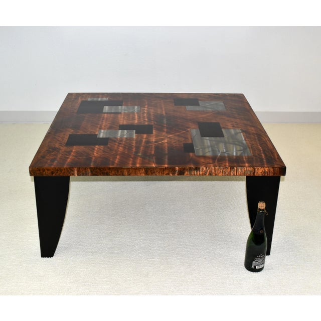 1980s Vintage Custom Square Metal Bronze Coffee Table With Geometric Copper and Silver Square and Rectangular Patterns For Sale - Image 10 of 11