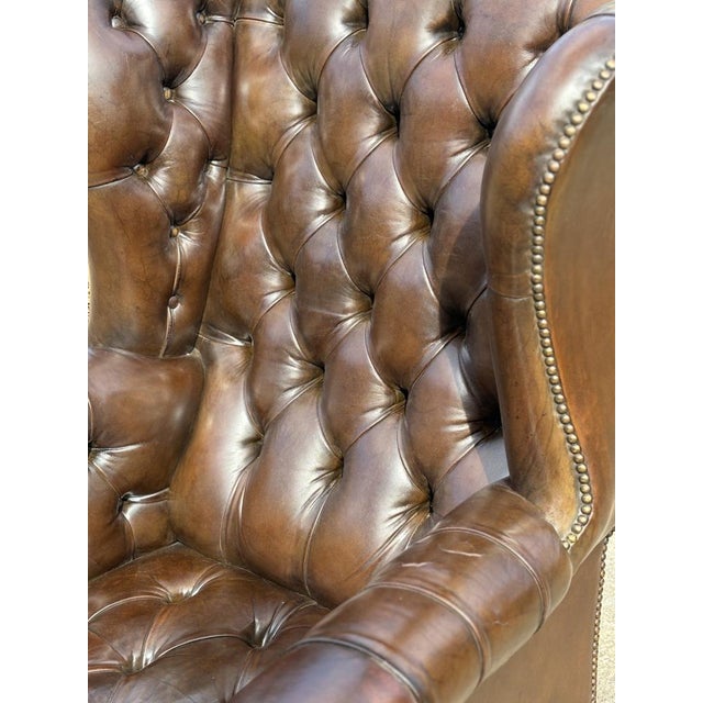 1910s Brown Leather Full Button Wing Back Armchair, 1910 For Sale - Image 5 of 9