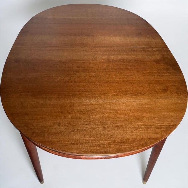 Mid-Century Modern Vintage Mid-Century Modern Oval Dining Table With 3 Leaves – Walnut Veneer, Mahogany Base, Extends to 92.5” For Sale - Image 3 of 12