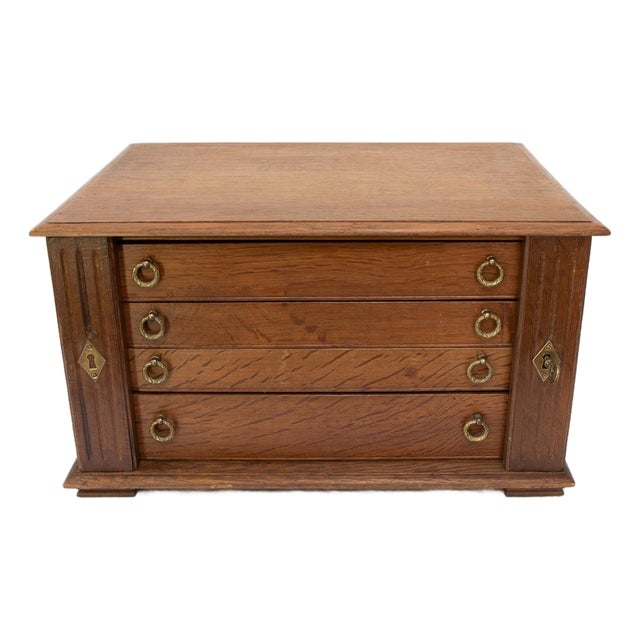 Antique French Oak Cutlery Case for 12 Pieces with 4 Drawers and Lock, 1960s For Sale
