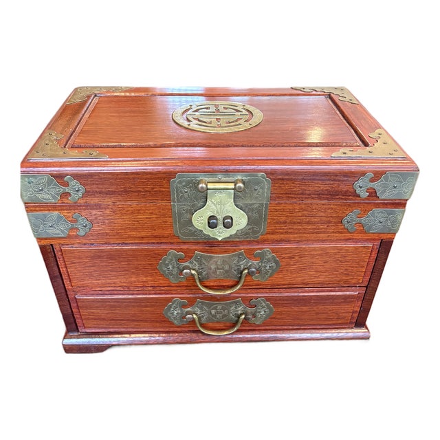 Vintage Oriental Rose Wood Jewelry Box For Sale
