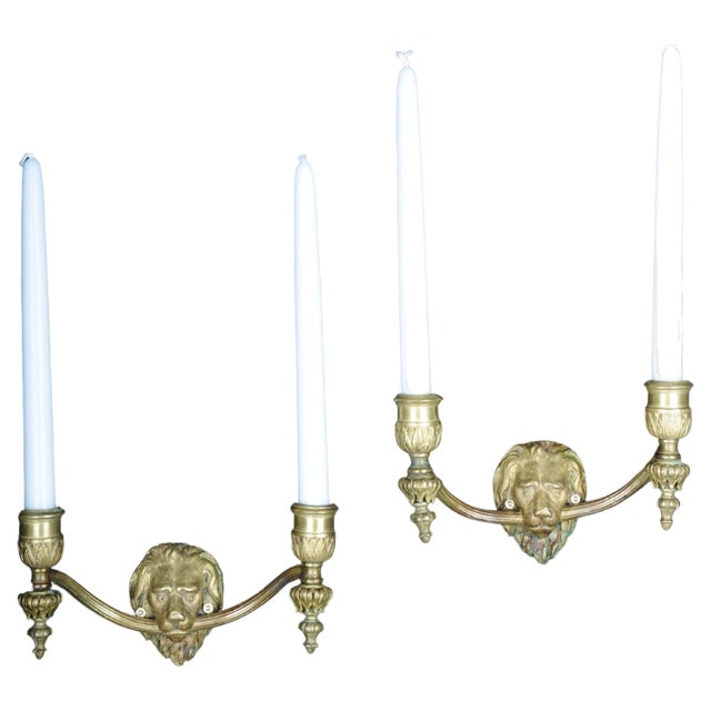 20th Century Lion Wall Sconces in Gilt Brass, Set of 2 For Sale