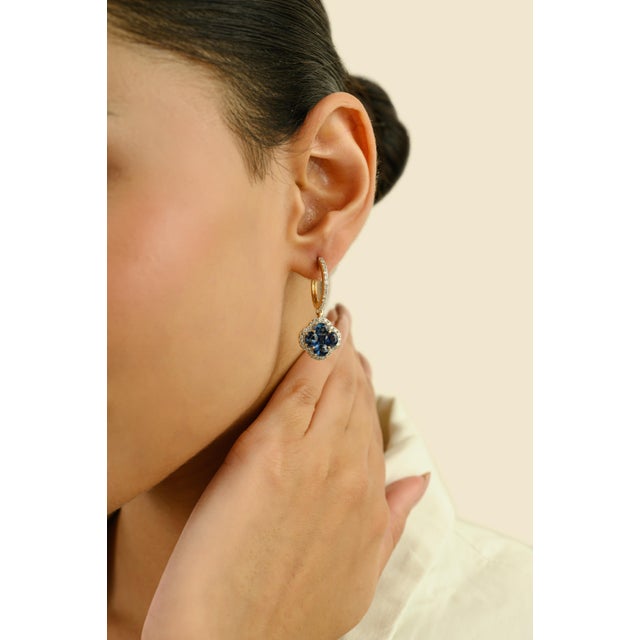 Ink Blue 14k Gold Regal 4.55 Ct Deep Sapphire & Diamond Cluster Drop & Dangle Earrings- 2 Pieces For Sale - Image 8 of 12