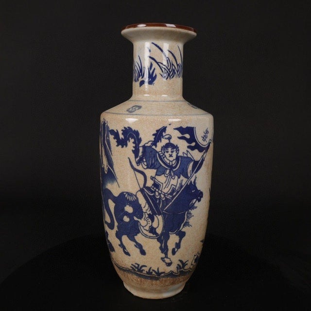 1980s Vintage Blue & White Rouleau Vase With Crackle Glaze For Sale - Image 5 of 9