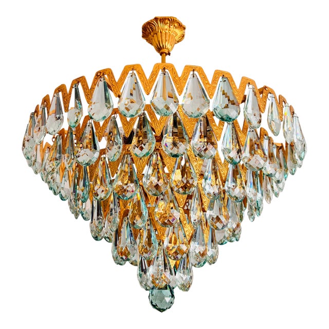 1960s Luxury Mid-Century Style Natural High-Gleam Solid Brass & Ice-Blue Turquoise Crystal 6-Light Flush Mount Chandelier For Sale