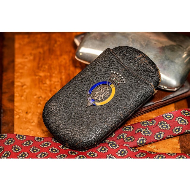 Austrian Antique Victorian Leather Cigar Case Silver Enamel Armorial Tobacciana For Sale - Image 13 of 14