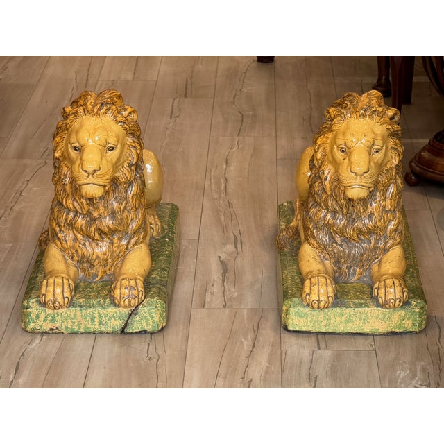 Pair of 19th Century French Faience Glazed Ceramic Recumbent Lions For Sale - Image 4 of 9