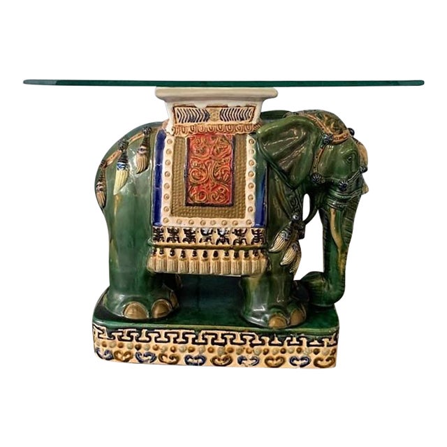 Mid 20th Century Vintage Elephant Garden Stool/Table With Glass Top
