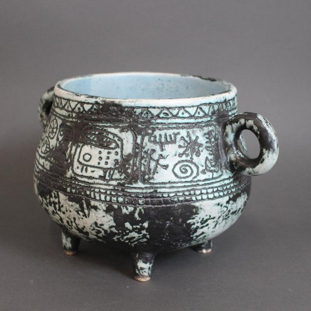 Vintage ceramic pot by jacques blin (circa 1960s) of an unusual, sculptural form for the artist: a rounded, footed vessel...