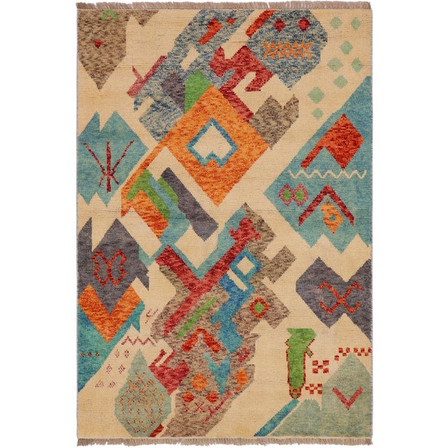 Shabby Chic Balochi Beige/Blue Wool Rug - 3'6''x5'1'' For Sale - Image 11 of 11