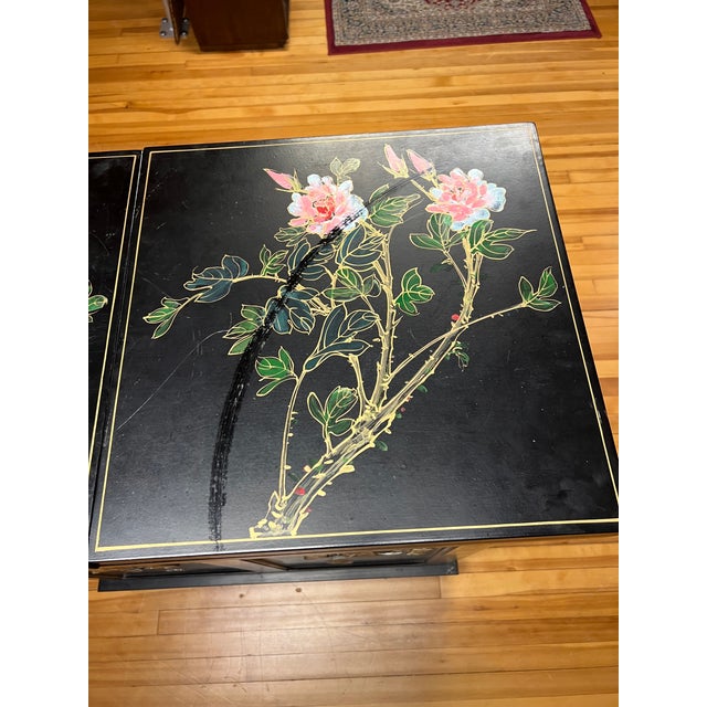 Black Vintage Chinese Export Black Lacquer Mother-of-Pearl Folding Bar Cabinet, C. 1950s For Sale - Image 8 of 12