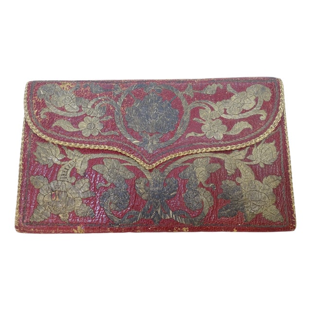 Baroque Wallet in Red Leather Embroidered with Gold Thread For Sale