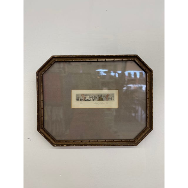 Limited edition fine art etching, dated 1976, hand-signed and numbered 1/75. This small-scale print features a detailed...