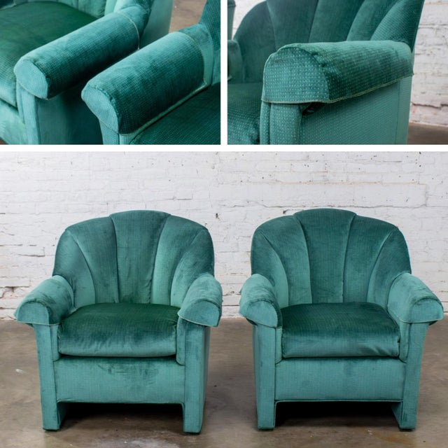 1980’s Art Deco Revival Hollywood Regency Channeled Fan Back Club Chairs W/Teal Chenille Fabric by Perfection Furniture, a Pair For Sale - Image 14 of 18