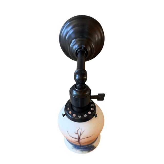 1920s Pair of Antique Hand Painted Tree and Lake Scene Wall Sconces For Sale - Image 5 of 8