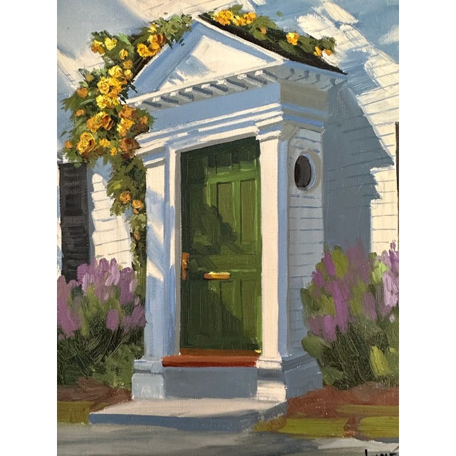 Late 20th Century Late 20th Century Original Line Tutwiler Oil Painting - Side Profile Greek Revival Porch With Green Door For Sale - Image 5 of 8