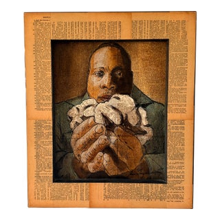 Original Aaron Hequemborg “ Willie Moore Cotton” Textural Mixed Media Figural Portrait on Dictionary Pages | Shadowbox Framed Wall Art For Sale