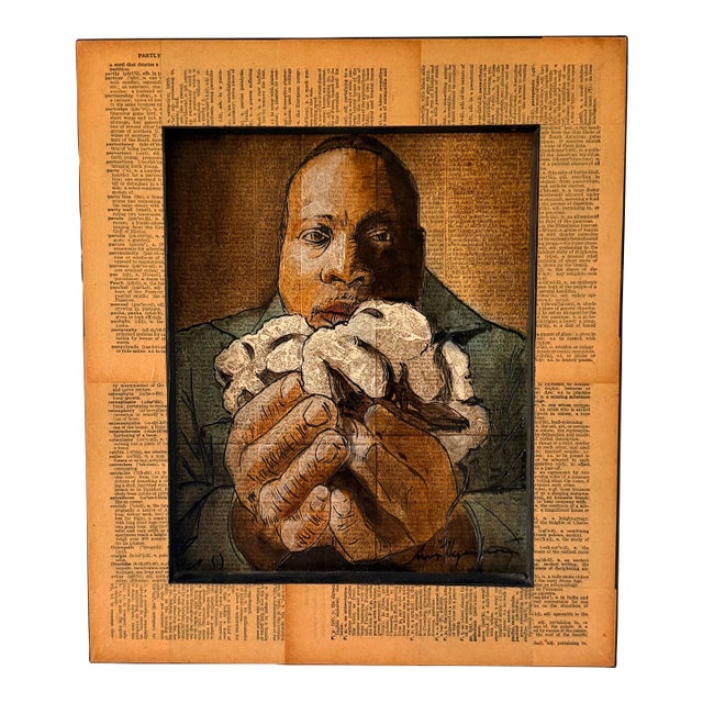 Original Aaron Hequemborg “ Willie Moore Cotton” Textural Mixed Media Figural Portrait on Dictionary Pages | Shadowbox Framed Wall Art For Sale