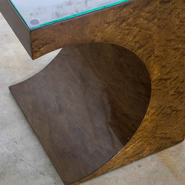 Late 20th Century Modern Geometric Crescent End or Side Table Burl Veneer With Rectangle Glass Top For Sale - Image 15 of 18