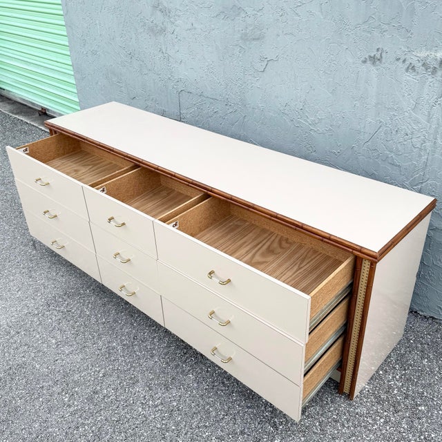 Boho Chic Boho Chic Cream Gloss Laminate Cane and Faux Bamboo Dresser For Sale - Image 3 of 12
