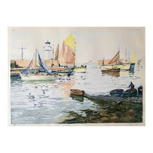Paul Lecomte Little Port in France Color Etching