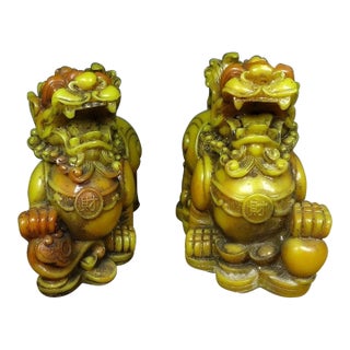 Pair of Vintage Shoushan Stone Pi Xiu Figures – 5.5" Carved Guardian Beasts For Sale