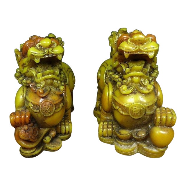 Pair of Vintage Shoushan Stone Pi Xiu Figures – 5.5" Carved Guardian Beasts For Sale