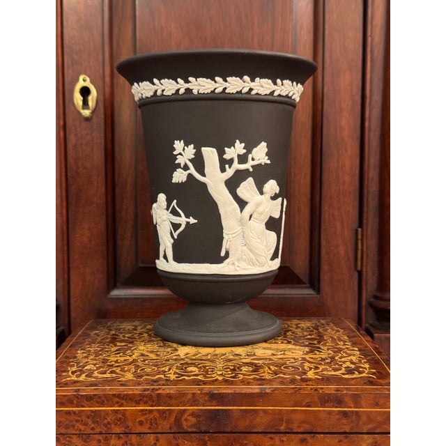 1970s Wedgwood Jasperware Black Footed Pedestal Vase With Classical Scene With Cherubs For Sale In Raleigh - Image 6 of 9