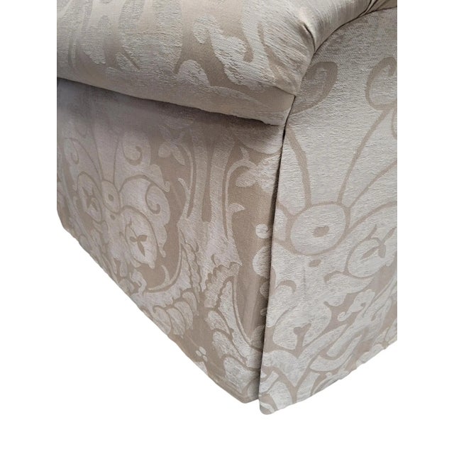 Feather-Filled Damask Loveseat With Rolled Arms and Pleated Skirt For Sale - Image 12 of 18