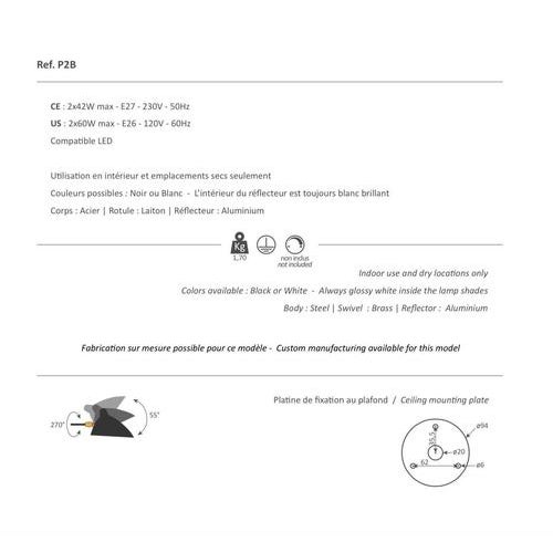 Metal Mid-Century Modern Black Two Fixed Arms Ceiling Lamp from Serge Mouille For Sale - Image 7 of 8