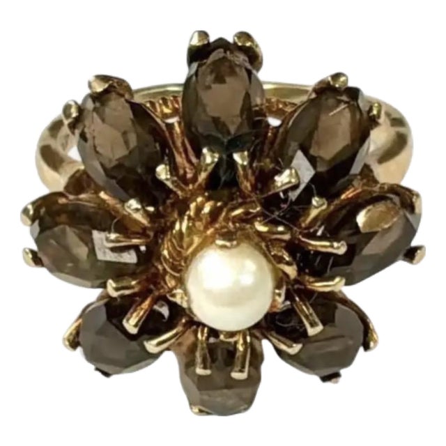 14k Gold Smoky Quartz and Pearl Floral Cocktail Ring Vintage For Sale