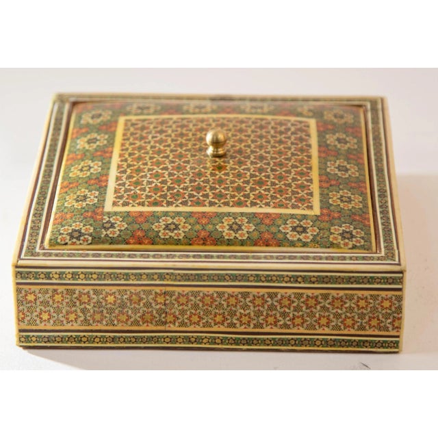 1950s Anglo Indian Micro Sadeli Mosaic Inlaid Jewelry Box. DIMENSIONS: 7ʺW × 7ʺD × 2.5ʺH. Indo Persian Moorish style micro...