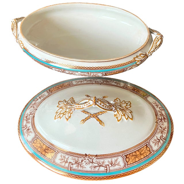 19th Century Edge, Malkin & Co. Staffordishire Hand Painted Turquoise and Brown Porcelain Tureens With Gold Gilding - a Pair For Sale In Jacksonville, FL - Image 6 of 14
