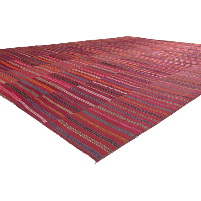​60645 Vintage Turkish Striped Kilim Rug, 09'05 x 13'00. Weathered charm meets rugged beauty with rustic sensibility in...