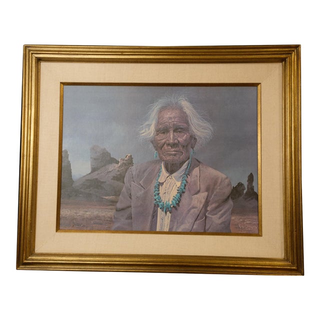 1980s Ray Swanson "The Old Man With the Turquoise Necklace" Limited Edition Canvas Print, Framed For Sale