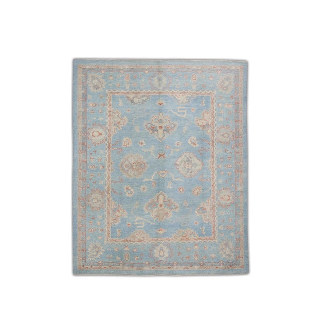 Textile Early 21st Century Blue Handwoven Wool Turkish Oushak Rug in Red Floral Pattern 8'4" X 10'2" For Sale - Image 7 of 7