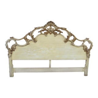 French Shabby Chic Heavy Hand Carved Painted King Headboard 5685 For Sale