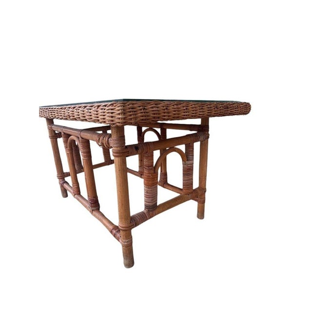 Vintage MCM Wicker Rattan Coffee Table With Glass Top For Sale In Miami - Image 6 of 11