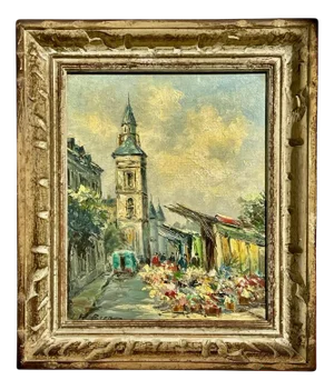 Albert Berne, Flower Market by the Conciergerie in Paris, Oil on Canvas, Framed