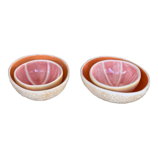 Set of Four Melon & Citrus Majolica Style Trompe L’Oleil Bowls For Sale