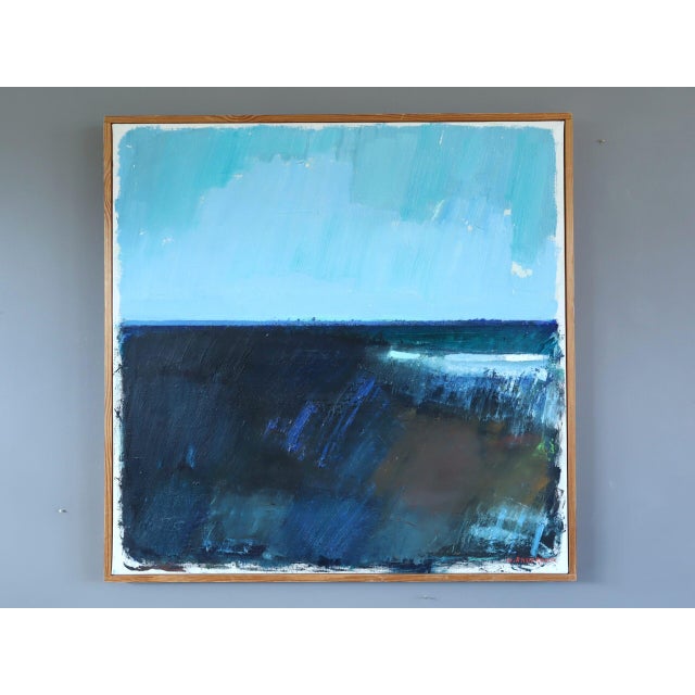 BLUE DIVIDE Size: 25.2 x 25.4 inches (including frame) Oil on canvas An atmospheric 20th century abstract landscape scene...