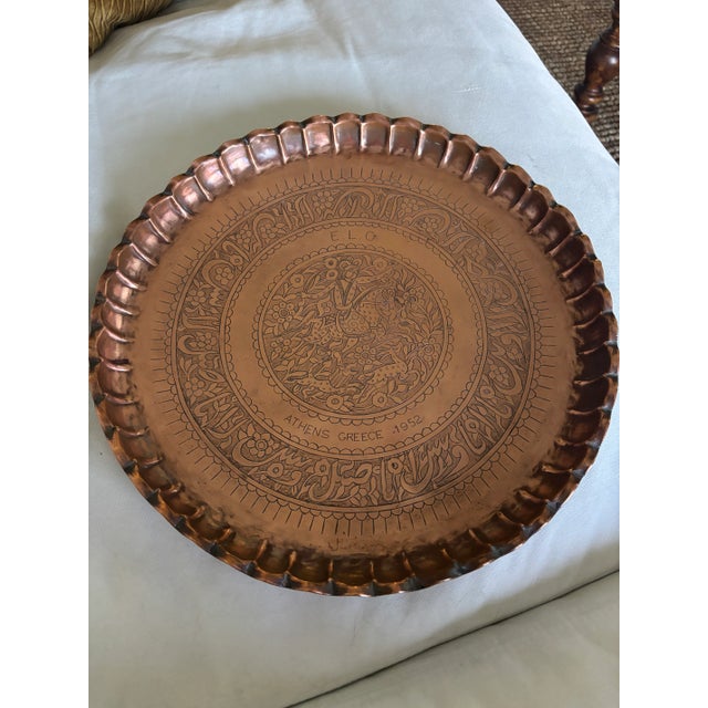 Copper Tray- Vintage 1952 Solid Copper Hand-Etched Tray From Athens, Greece – 14″ Mid-Century Decorative Art For Sale In San Diego - Image 6 of 7