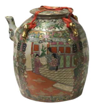 Chinese Oriental Porcelain People Scenery Teapot Shape Container Decor