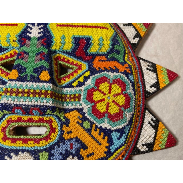 Vintage Handmade Mexican Huichol Chroma Beaded Wood Wall Sun Sculpture Mask Art For Sale - Image 9 of 13