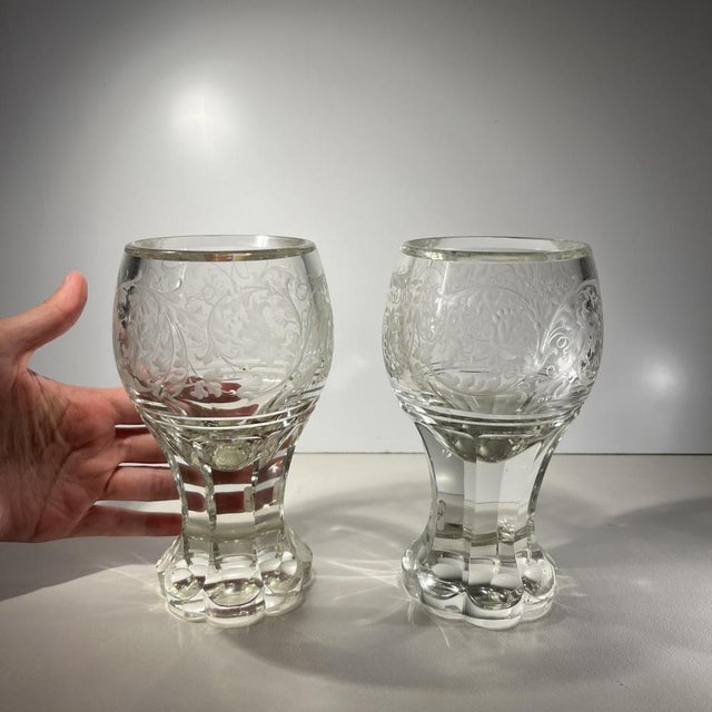 Boho Chic Stemmed Glasses in Thick Cut Crystal with Scrolling Decoration and Monogram, Bohemia, 1900s, Set of 2 For Sale - Image 3 of 14